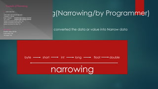 Explicit Casting(Narrowing/by Programmer)
 In Explicit casting we converted the data or value into Narrow data
 Example
byte short int long float double
narrowing
 