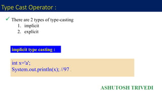 Type Cast Operator :
 There are 2 types of type-casting
1. implicit
2. explicit
implicit type casting :
int x='a';
System.out.println(x); //97 .
 