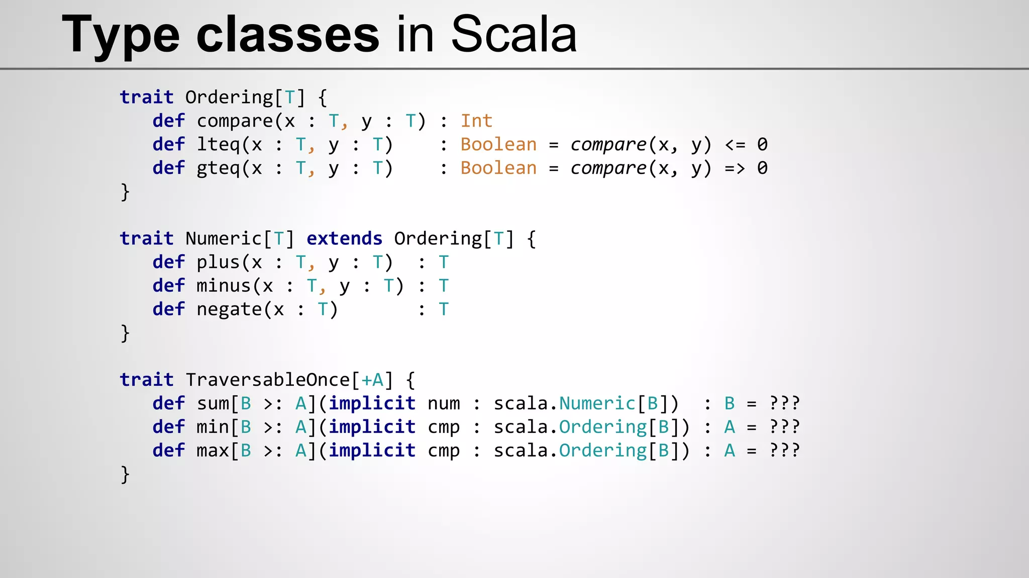 Type classes in Scala
trait Ordering[T] {
def compare(x : T, y : T) : Int
def lteq(x : T, y : T) : Boolean = compare(x, y) <= 0
def gteq(x : T, y : T) : Boolean = compare(x, y) => 0
}
trait Numeric[T] extends Ordering[T] {
def plus(x : T, y : T) : T
def minus(x : T, y : T) : T
def negate(x : T) : T
}
trait TraversableOnce[+A] {
def sum[B >: A](implicit num : scala.Numeric[B]) : B = ???
def min[B >: A](implicit cmp : scala.Ordering[B]) : A = ???
def max[B >: A](implicit cmp : scala.Ordering[B]) : A = ???
}
 