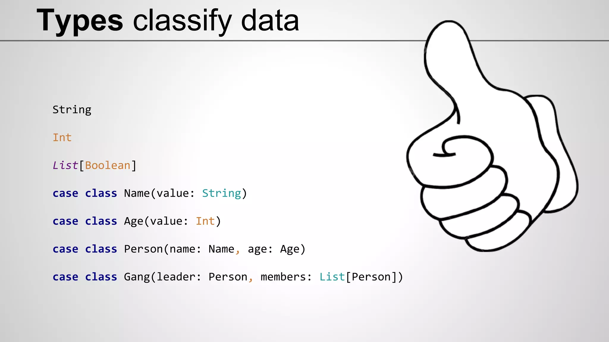 String
Int
List[Boolean]
case class Name(value: String)
case class Age(value: Int)
case class Person(name: Name, age: Age)
case class Gang(leader: Person, members: List[Person])
Types classify data
 