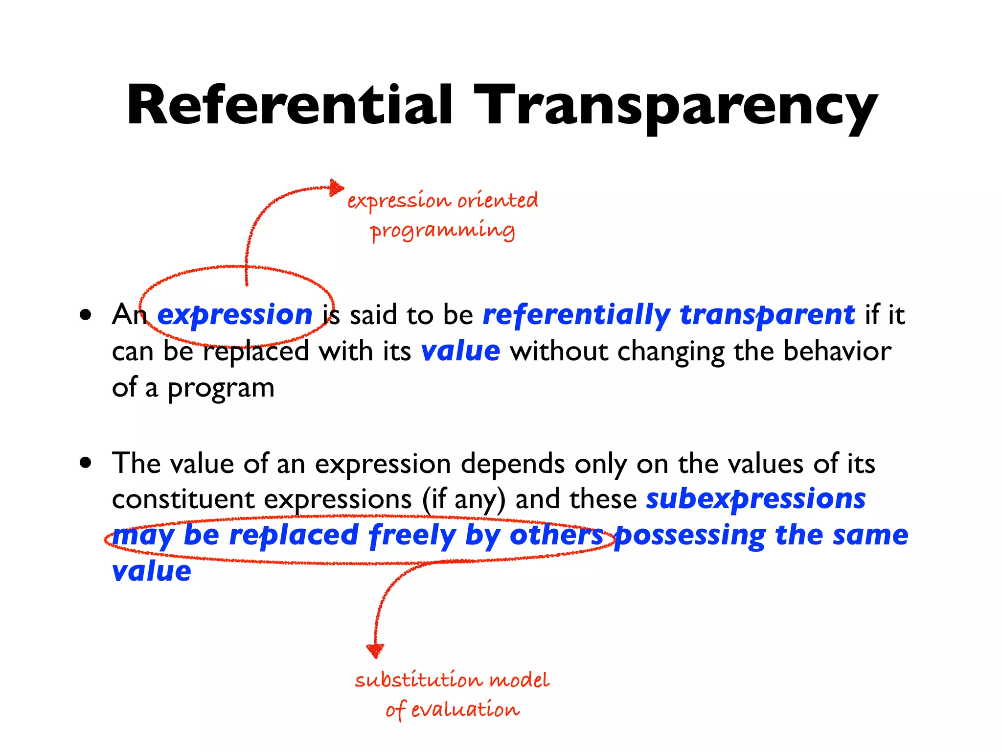 Referential Transparency
expression oriented
programming
substitution model
of evaluation
• An expression is said to be referentially transparent if it
can be replaced with its value without changing the behavior
of a program
• The value of an expression depends only on the values of its
constituent expressions (if any) and these subexpressions
may be replaced freely by others possessing the same
value
 