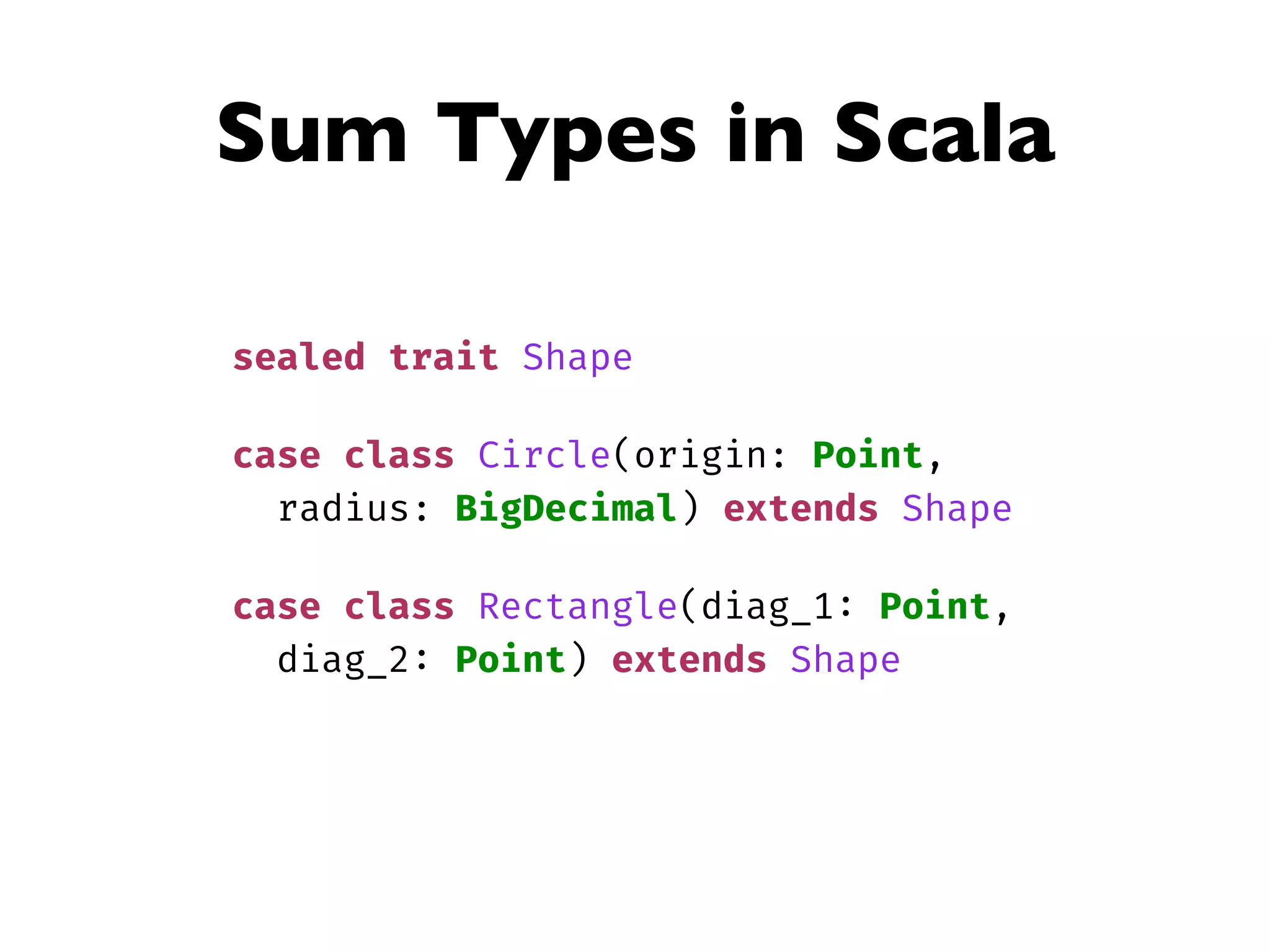Sum Types in Scala
sealed trait Shape
case class Circle(origin: Point,
radius: BigDecimal) extends Shape
case class Rectangle(diag_1: Point,
diag_2: Point) extends Shape
 