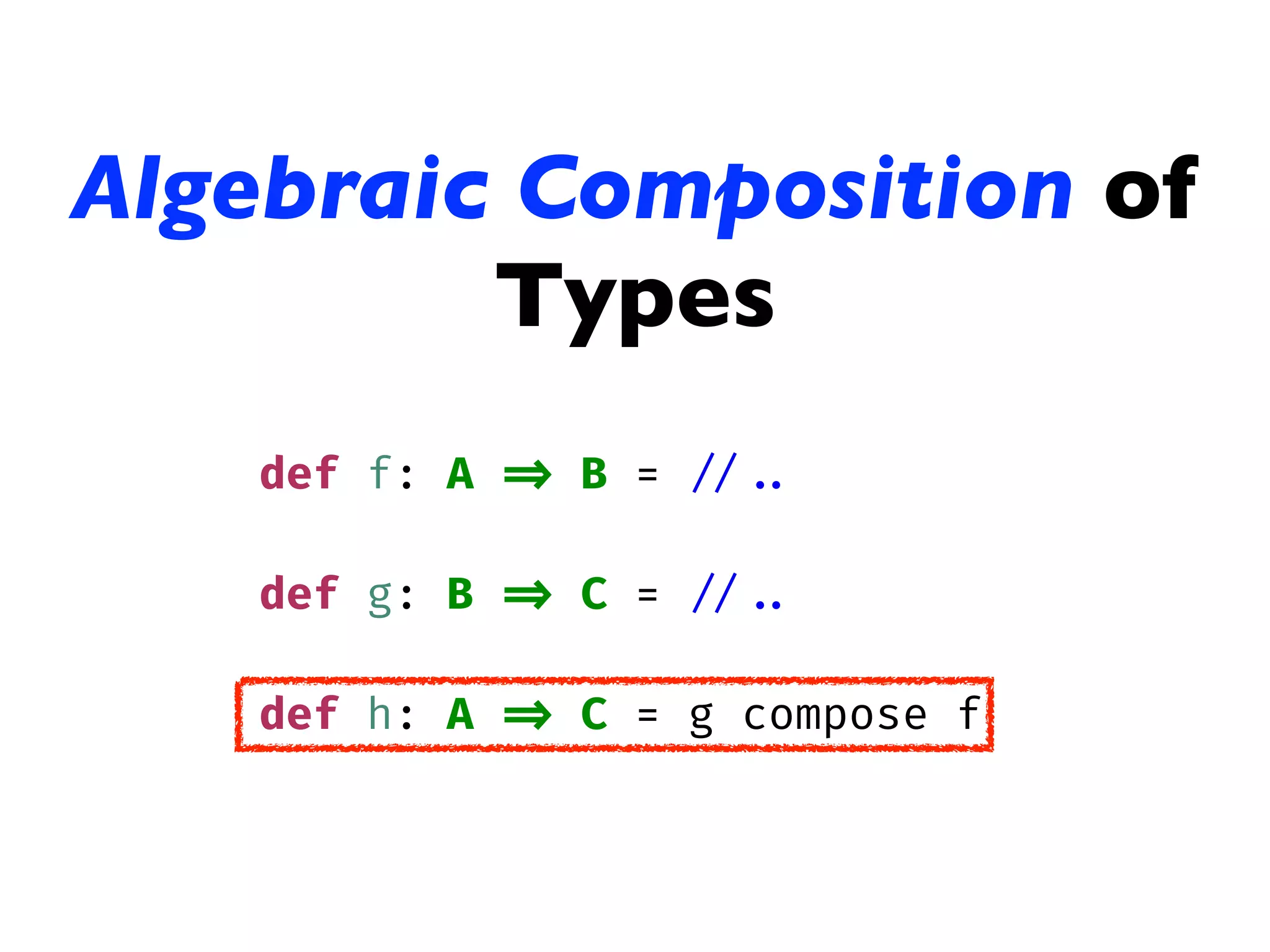 Algebraic Composition of
Types
def f: A => B = // ..
def g: B => C = // ..
def h: A => C = g compose f
 