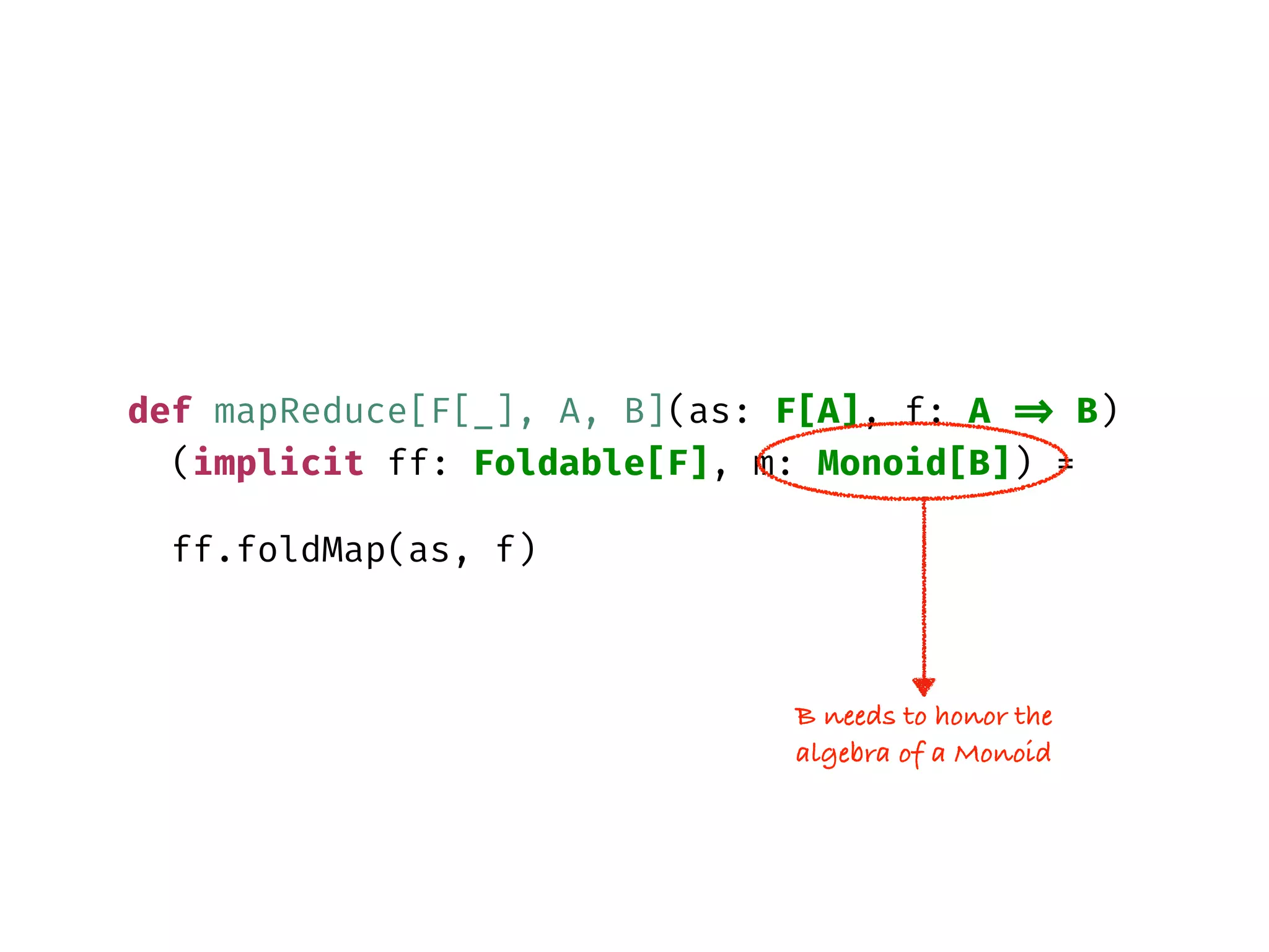 def mapReduce[F[_], A, B](as: F[A], f: A => B)
(implicit ff: Foldable[F], m: Monoid[B]) =
ff.foldMap(as, f)
B needs to honor the
algebra of a Monoid
 