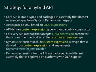 LINQ expressions 
custom expression 
LINQ expression 
custom expression 
custom expression 
custom expression 
IDynamicMetaObjectProvider 
 