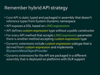 LINQ expressions 
custom expression 
LINQ expression 
custom expression 
custom expression 
custom expression 
IDynamicMetaObjectProvider 
 