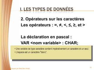 I. LES TYPES DE DONNÉES

              2. Opérateurs sur les caractères
              Les opérateurs : =, ≠, <, ≤, ≥, et >

              La déclaration en pascal :
              VAR <nom variable> : CHAR;




                                                     15
Préparé par Med Ben Khelil
 