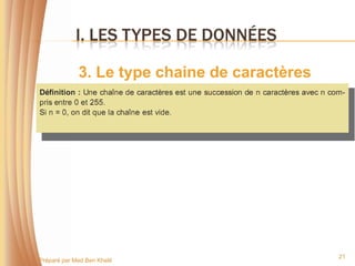 I. LES TYPES DE DONNÉES

              3. Le type chaine de caractères




                                                21
Préparé par Med Ben Khelil
 