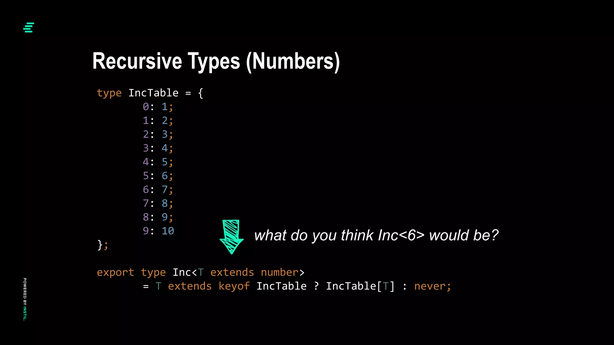 type IncTable = {
0: 1;
1: 2;
2: 3;
3: 4;
4: 5;
5: 6;
6: 7;
7: 8;
8: 9;
9: 10
};
export type Inc<T extends number>
= T extends keyof IncTable ? IncTable[T] : never;
Recursive Types (Numbers)
what do you think Inc<6> would be?
 