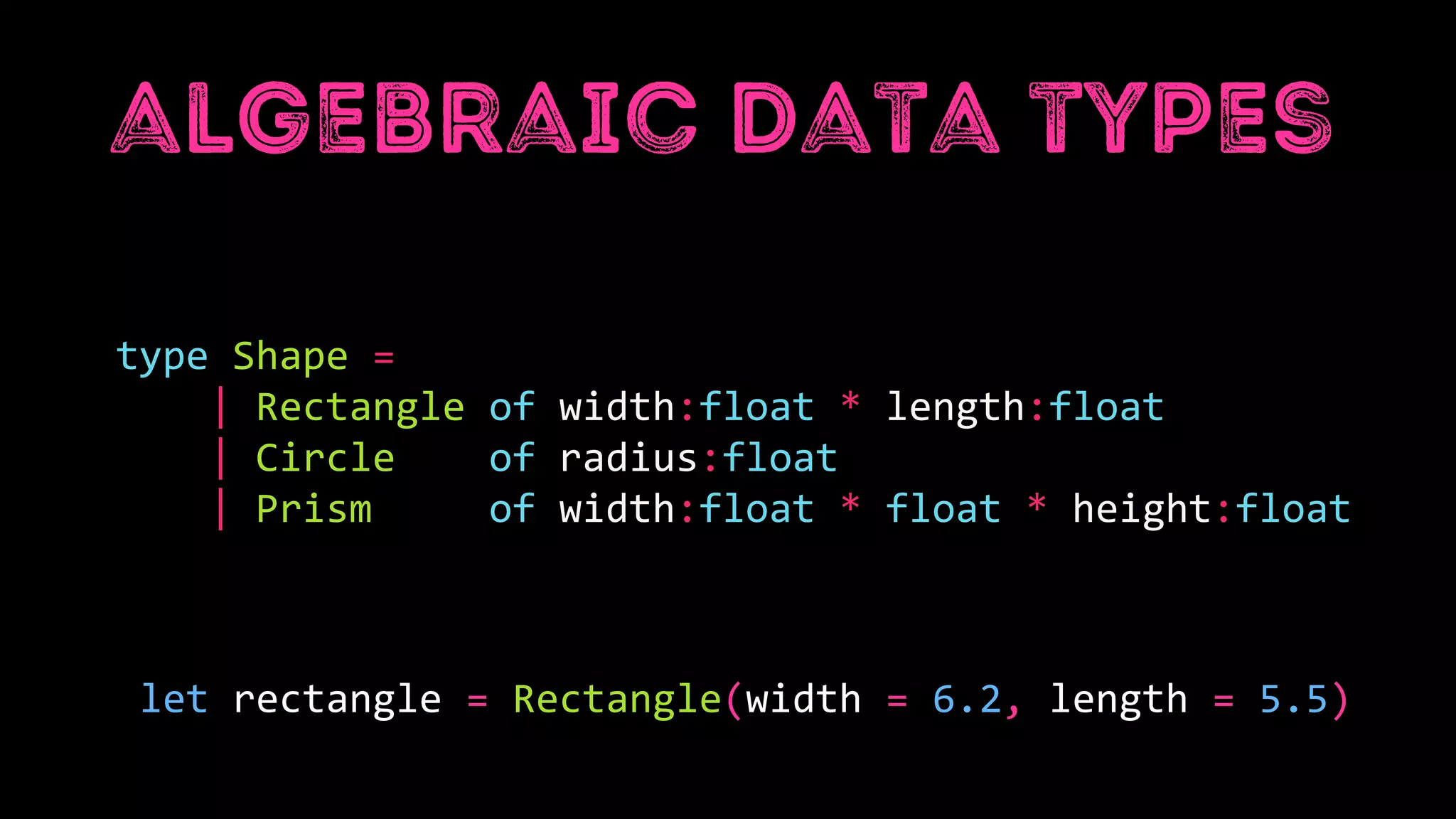 type Shape =
| Rectangle of width:float * length:float
| Circle of radius:float
| Prism of width:float * float * height:float
let rectangle = Rectangle(width = 6.2, length = 5.5)
 