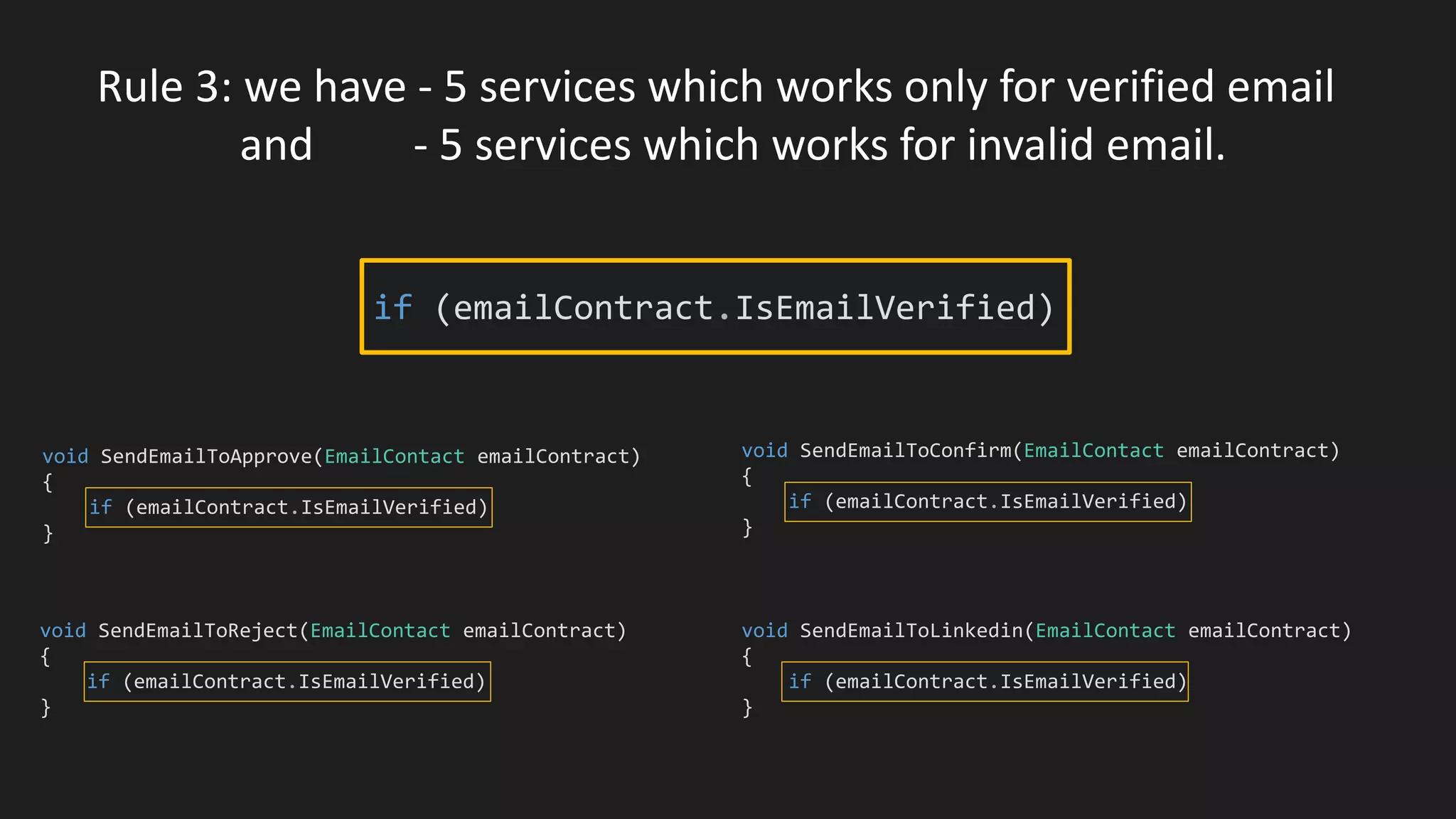Rule 3: we have - 5 services which works only for verified email
and - 5 services which works for invalid email.
if (emailContract.IsEmailVerified)
void SendEmailToApprove(EmailContact emailContract)
{
if (emailContract.IsEmailVerified)
}
void SendEmailToReject(EmailContact emailContract)
{
if (emailContract.IsEmailVerified)
}
void SendEmailToConfirm(EmailContact emailContract)
{
if (emailContract.IsEmailVerified)
}
void SendEmailToLinkedin(EmailContact emailContract)
{
if (emailContract.IsEmailVerified)
}
 