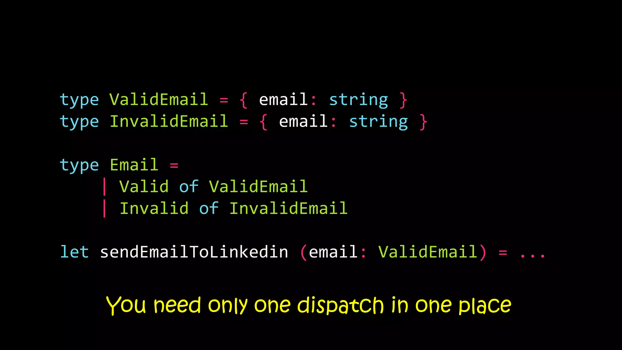 type ValidEmail = { email: string }
type InvalidEmail = { email: string }
type Email =
| Valid of ValidEmail
| Invalid of InvalidEmail
let sendEmailToLinkedin (email: ValidEmail) = ...
You need only one dispatch in one place
 