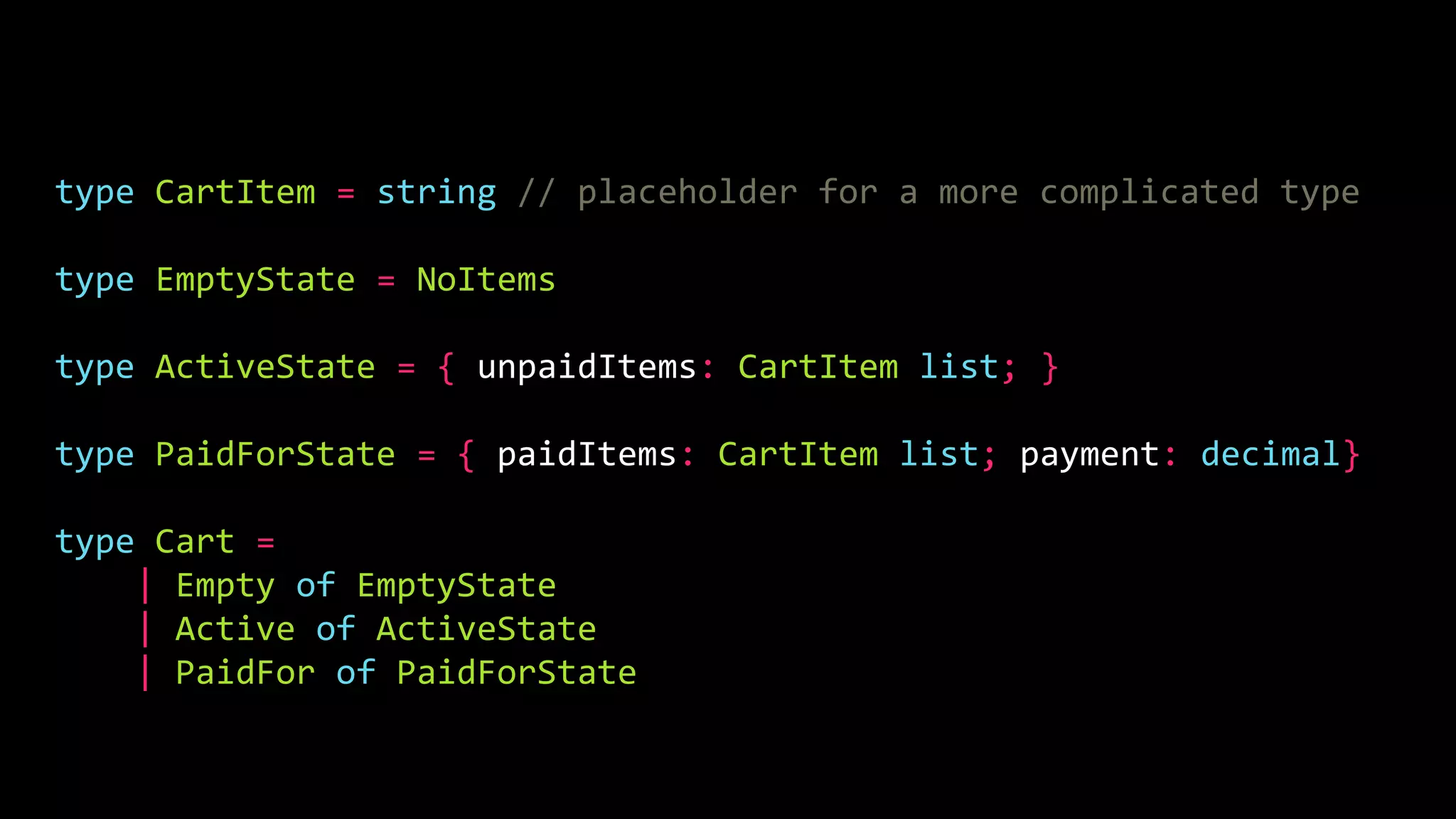 type CartItem = string // placeholder for a more complicated type
type EmptyState = NoItems
type ActiveState = { unpaidItems: CartItem list; }
type PaidForState = { paidItems: CartItem list; payment: decimal}
type Cart =
| Empty of EmptyState
| Active of ActiveState
| PaidFor of PaidForState
 