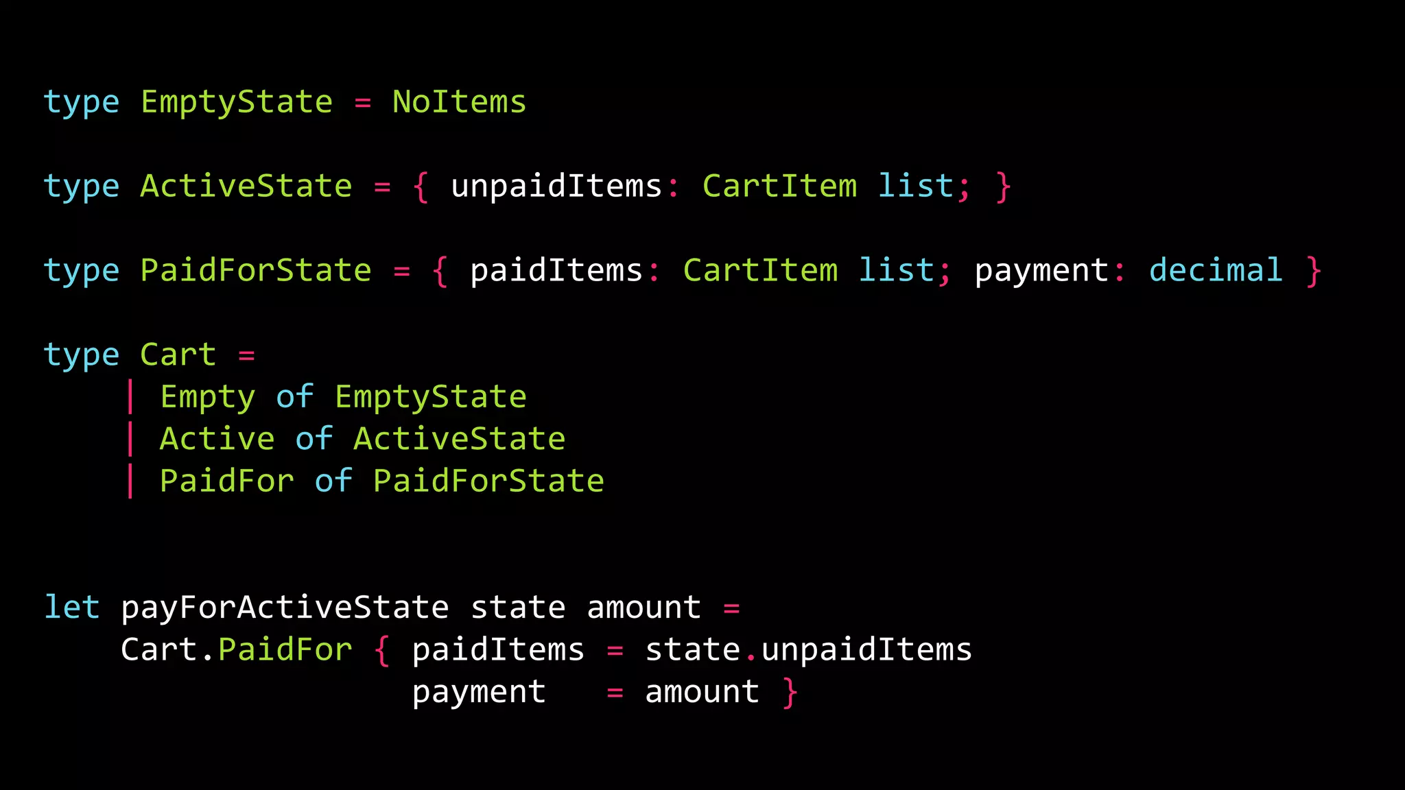 type EmptyState = NoItems
type ActiveState = { unpaidItems: CartItem list; }
type PaidForState = { paidItems: CartItem list; payment: decimal }
type Cart =
| Empty of EmptyState
| Active of ActiveState
| PaidFor of PaidForState
let payForActiveState state amount =
Cart.PaidFor { paidItems = state.unpaidItems
payment = amount }
 