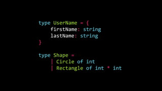 type UserName = {
firstName: string
lastName: string
}
type Shape =
| Circle of int
| Rectangle of int * int
 