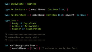 type EmptyState = NoItems
type ActiveState = { unpaidItems: CartItem list; }
type PaidForState = { paidItems: CartItem list; payment: decimal }
type Cart =
| Empty of EmptyState
| Active of ActiveState
| PaidFor of PaidForState
// =============================
// operation on empty state
// =============================
let addToEmptyState item =
{ unpaidItems = [item] } // returns a new Active Cart
 