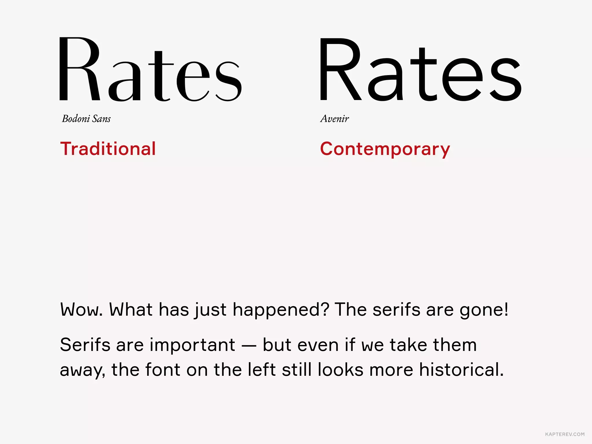 KAPTEREV.COM
R
The left R has more difference between thick  
and thin strokes. The technical term is contrast.
More contrast  
More sophistication
Less contrast  
Less sophistication
Bodoni Sans Avenir
 