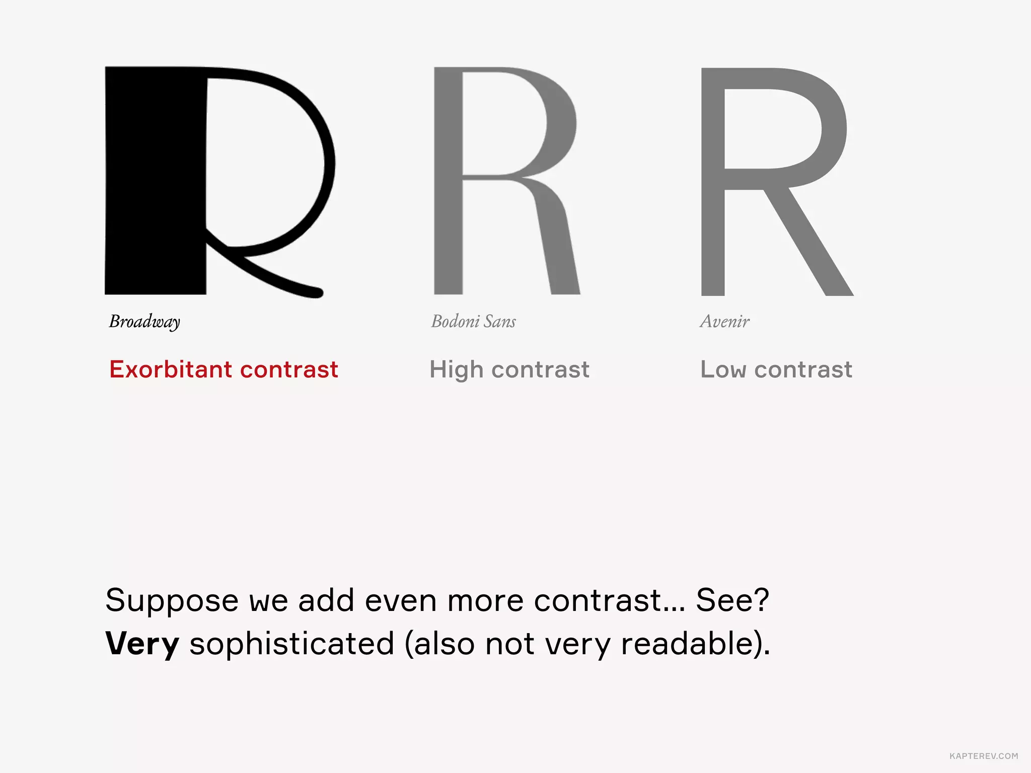 KAPTEREV.COM
To conclude: tradition and sophistication  
are mostly communicated via serifs and contrast.
Serifs
More contrast
More sophisticated
More historical
No serifs
Less contrast
Less sophisticated
More contemporary
R R R RR RDidot Playfair Minion Fedra Sans PT Sans Century Gothic
 