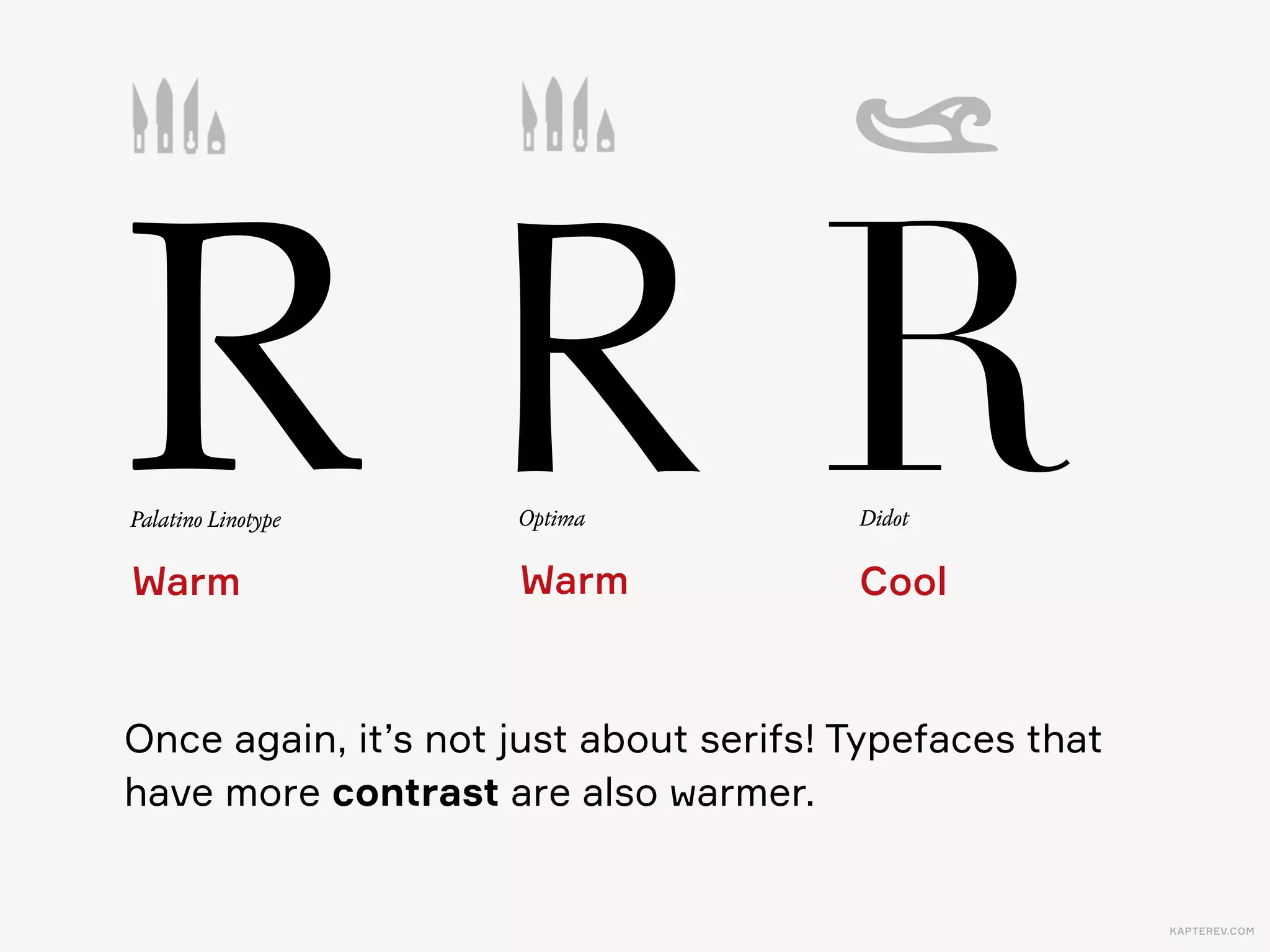 KAPTEREV.COM
Calligraphic  
Warm
Geometric  
Cool
R R R RR RJannon Swash Palatino APC Garamond Minion PT Serif Didot
RCentury Gothic
RGill Sans
RPT Sans
RCandara
RFedra Sans
ROptima
 