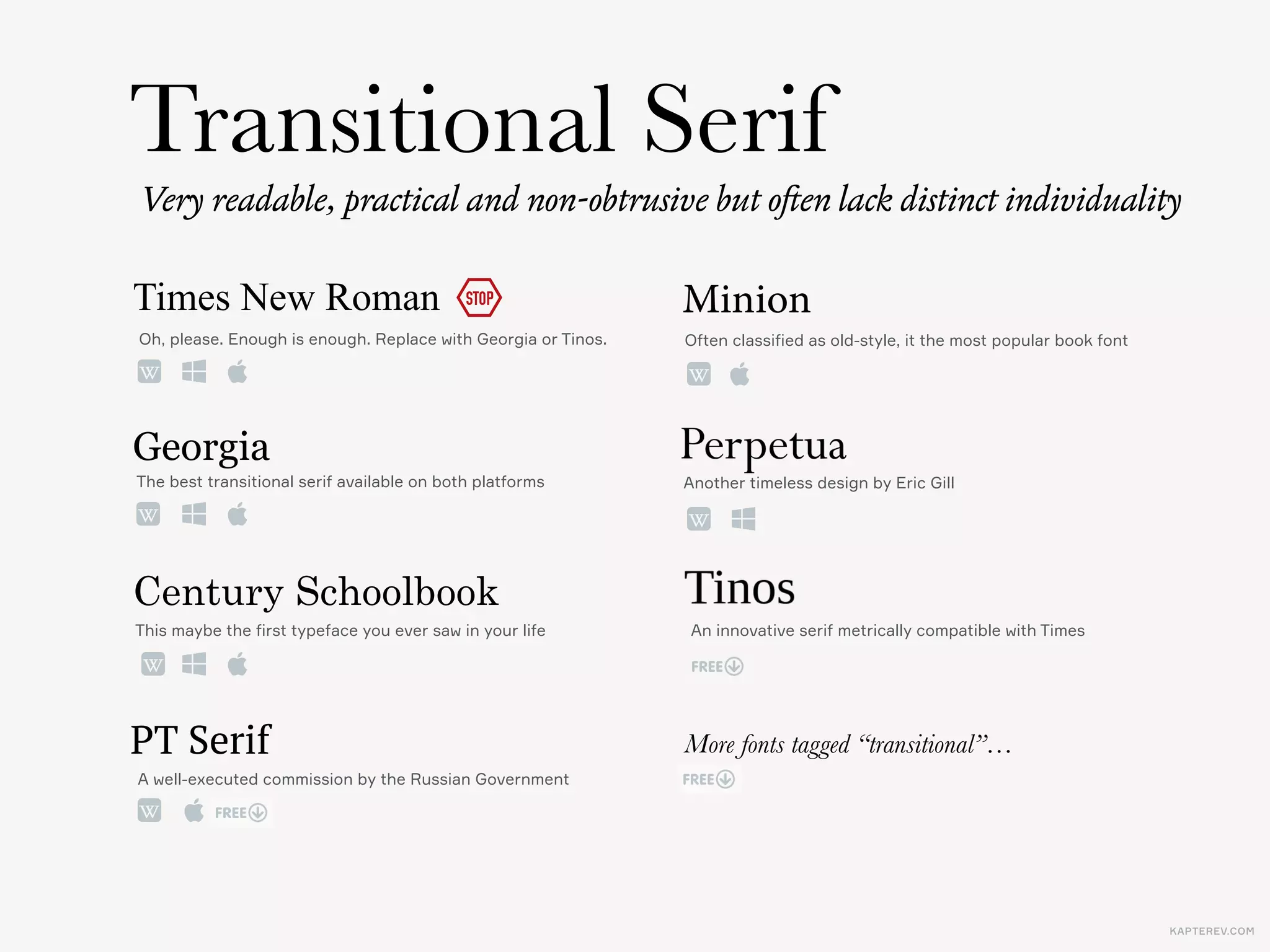 KAPTEREV.COM
It should be Transitional Sans, right?  
But no, typography is not that obvious.
Traditional, warm
Contemporary, warm
? GeometricHumanist
Contemporary, cool
Traditional, coolTraditional, neutral
ModernOld Style Transitional
 