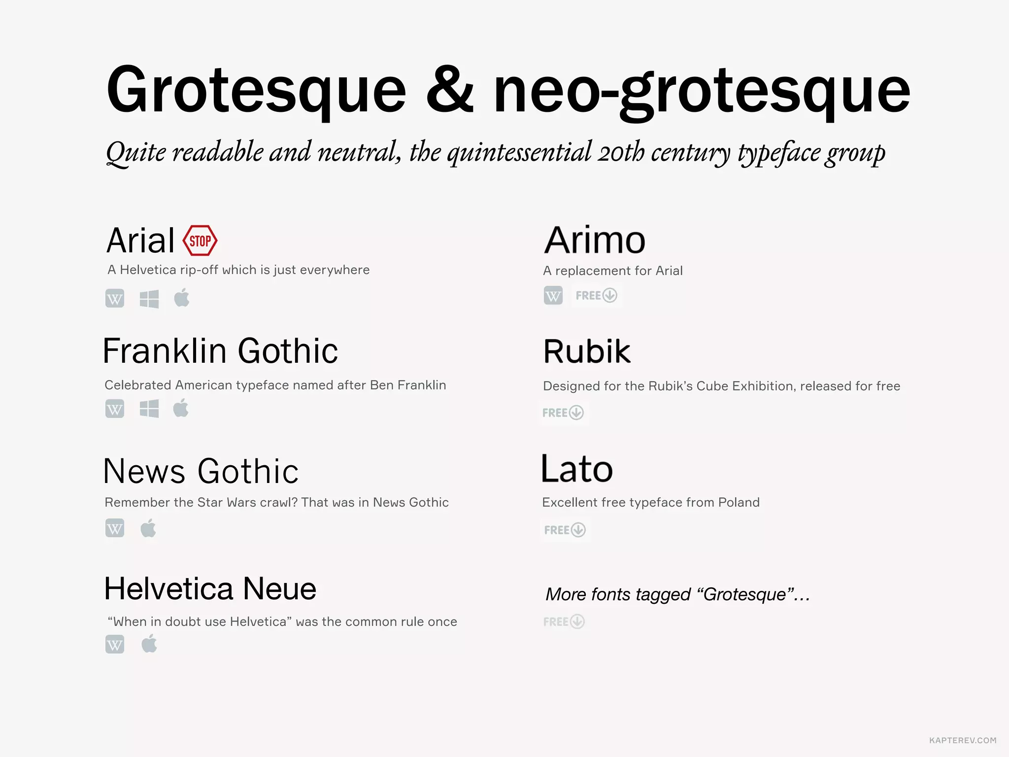 KAPTEREV.COM
Modern
Geometric
Old Style
Humanist
Readability: Satisfactory Readability: Poor
Character: Warm, traditional Character: Cool, traditional
Readability: Excellent Readability: Poor
Character: Warm, contemporary Character: Cool, contemporary
Star typeface: Garamond Star typeface: Didot
Star typeface: Gill Sans Star typeface: Futura
Transitional
Readability: Good
Character: Neutral, traditional
Star typeface: Baskerville
Grotesque
Readability: Good
Character: Neutral, contemporary
Star typeface: Helvetica
 
