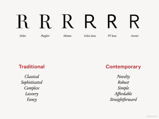 KAPTEREV.COM
Rates
Why some typefaces have a more traditional look?  
The obvious answers would be “serifs”.
Rates
A serif is a small line attached to the end of a stroke in a letter or symbol. A typeface with
serifs is called a serif typeface (or serifed typeface). A typeface without serifs is called sans
serif or sans-serif, from the French sans, meaning "without."N
Didot Avenir
Traditional Contemporary
 