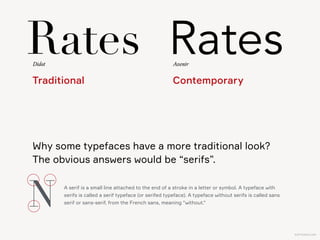 KAPTEREV.COM
Bodoni Sans
Wow. What has just happened? The serifs are gone!
Serifs are important — but even if we take them
away, the font on the left still looks more traditional.
RatesAvenir
Traditional Contemporary
 