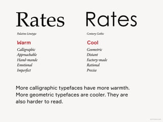 KAPTEREV.COM
This was done  
by a calligrapher.
Beautiful and  
slightly imperfect.
R R
An engineer
with a ruler.
Calculated.
A fashion designer
with a French curve.
Very precise, lots  
of thought.
RPalatino Linotype Century Gothic Didot
Warm CoolCool
 