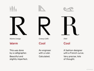 KAPTEREV.COM
RWarm
Once again, it’s not just about serifs! Typefaces that
have more contrast are also warmer.
R Warm
Optima
Cool
Didot
RPalatino Linotype
 