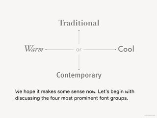 KAPTEREV.COM
Modern
Geometric
Old Style
Humanist
Readability: Satisfactory Readability: Poor
Character: Warm, traditional Character: Cool, traditional
Readability: Excellent Readability: Poor
Character: Warm, contemporary Character: Cool, contemporary
Star typeface: Garamond Star typeface: Didot
Star typeface: Gill Sans Star typeface: Futura
Contemporary
CoolWarm
Traditional
or
 