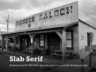 KAPTEREV.COM
Slab Serif
Low contrast with serifs, which look like slabs — hence the name. Comes in
ﬂavours: geometric, humanist or transitional.
Rockwell Charter
More fonts tagged “Slab”…
Geometric design from 1930’s It’s very readable and totally
looks like a transitional typeface
Contemporary humanist Slab Serif, which
kind of escapes the classiﬁcation
 