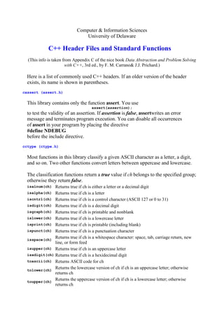 Computer & Information Sciences
University of Delaware

C++ Header Files and Standard Functions
(This info is taken from Appendix C of the nice book Data Abstraction and Problem Solving
with C++, 3rd ed., by F. M. Carrano& J.J. Prichard.)

Here is a list of commonly used C++ headers. If an older version of the header
exists, its name is shown in parentheses.
cassert (assert.h)

This library contains only the function assert. You use
assert(assertion);

to test the validity of an assertion. If assertion is false, assertwrites an error
message and terminates program execution. You can disable all occurrences
of assert in your program by placing the directive
#define NDEBUG
before the include directive.
cctype (ctype.h)

Most functions in this library classify a given ASCII character as a letter, a digit,
and so on. Two other functions convert letters between uppercase and lowercase.
The classification functions return a true value if ch belongs to the specified group;
otherwise they return false.
isalnum(ch)

Returns true if ch is either a letter or a decimal digit
isalpha(ch) Returns true if ch is a letter
iscntrl(ch) Returns true if ch is a control character (ASCII 127 or 0 to 31)
isdigit(ch) Returns true if ch is a decimal digit
isgraph(ch) Returns true if ch is printable and nonblank
islower(ch) Returns true if ch is a lowercase letter
isprint(ch) Returns true if ch is printable (including blank)
ispunct(ch) Returns true if ch is a punctuation character
Returns true if ch is a whitespace character: space, tab, carriage return, new
isspace(ch)
line, or form feed
isupper(ch) Returns true if ch is an uppercase letter
isxdigit(ch) Returns true if ch is a hexidecimal digit
toascii(ch) Returns ASCII code for ch
Returns the lowercase version of ch if ch is an uppercase letter; otherwise
tolower(ch)
returns ch
Returns the uppercase version of ch if ch is a lowercase letter; otherwise
toupper(ch)
returns ch

 