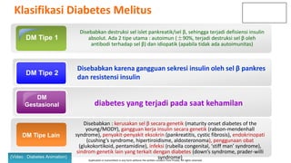This presentation has been prepared specifically by Prodia. The content of this presentation may not be used,
duplicated or transmitted in any form without the written consent from Prodia. All rights reserved.
Klasifikasi Diabetes Melitus
DM Tipe 1
Disebabkan destruksi sel islet pankreatik/sel β, sehingga terjadi defisiensi insulin
absolut. Ada 2 tipe utama : autoimun (±90%, terjadi destruksi sel β oleh
antibodi terhadap sel β) dan idiopatik (apabila tidak ada autoimunitas)
DM Tipe 2
Disebabkan karena gangguan sekresi insulin oleh sel β pankres
dan resistensi insulin
DM
Gestasional diabetes yang terjadi pada saat kehamilan
DM Tipe Lain
Disebabkan : kerusakan sel β secara genetik (maturity onset diabetes of the
young/MODY), gangguan kerja insulin secara genetik (rabson-mendenhall
syndrome), penyakit-penyakit eksokrin (pankreatitis, cystic fibrosis), endokrinopati
(cushing’s syndrome, hipertiroidisme, aldosteronoma), penggunaan obat
(glukokortikoid, pentamidine), infeksi (rubella congenital, ‘stiff man’ syndrome),
sindrom genetik lain yang terkait dengan diabetes (down’s syndrome, prader-willi
syndrome)
(Video : Diabetes Animation)
 
