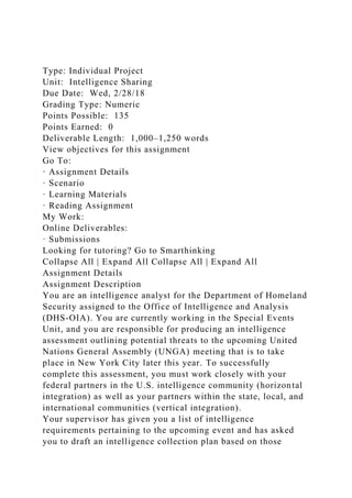 Type: Individual Project
Unit: Intelligence Sharing
Due Date: Wed, 2/28/18
Grading Type: Numeric
Points Possible: 135
Points Earned: 0
Deliverable Length: 1,000–1,250 words
View objectives for this assignment
Go To:
· Assignment Details
· Scenario
· Learning Materials
· Reading Assignment
My Work:
Online Deliverables:
· Submissions
Looking for tutoring? Go to Smarthinking
Collapse All | Expand All Collapse All | Expand All
Assignment Details
Assignment Description
You are an intelligence analyst for the Department of Homeland
Security assigned to the Office of Intelligence and Analysis
(DHS-OIA). You are currently working in the Special Events
Unit, and you are responsible for producing an intelligence
assessment outlining potential threats to the upcoming United
Nations General Assembly (UNGA) meeting that is to take
place in New York City later this year. To successfully
complete this assessment, you must work closely with your
federal partners in the U.S. intelligence community (horizontal
integration) as well as your partners within the state, local, and
international communities (vertical integration).
Your supervisor has given you a list of intelligence
requirements pertaining to the upcoming event and has asked
you to draft an intelligence collection plan based on those
 