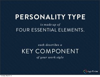 PERSONALITY TYPE
is made up of
FOUR ESSENTIAL ELEMENTS.
each describes a
KEY COMPONENT
of your work style
Tuesday, May 20,...