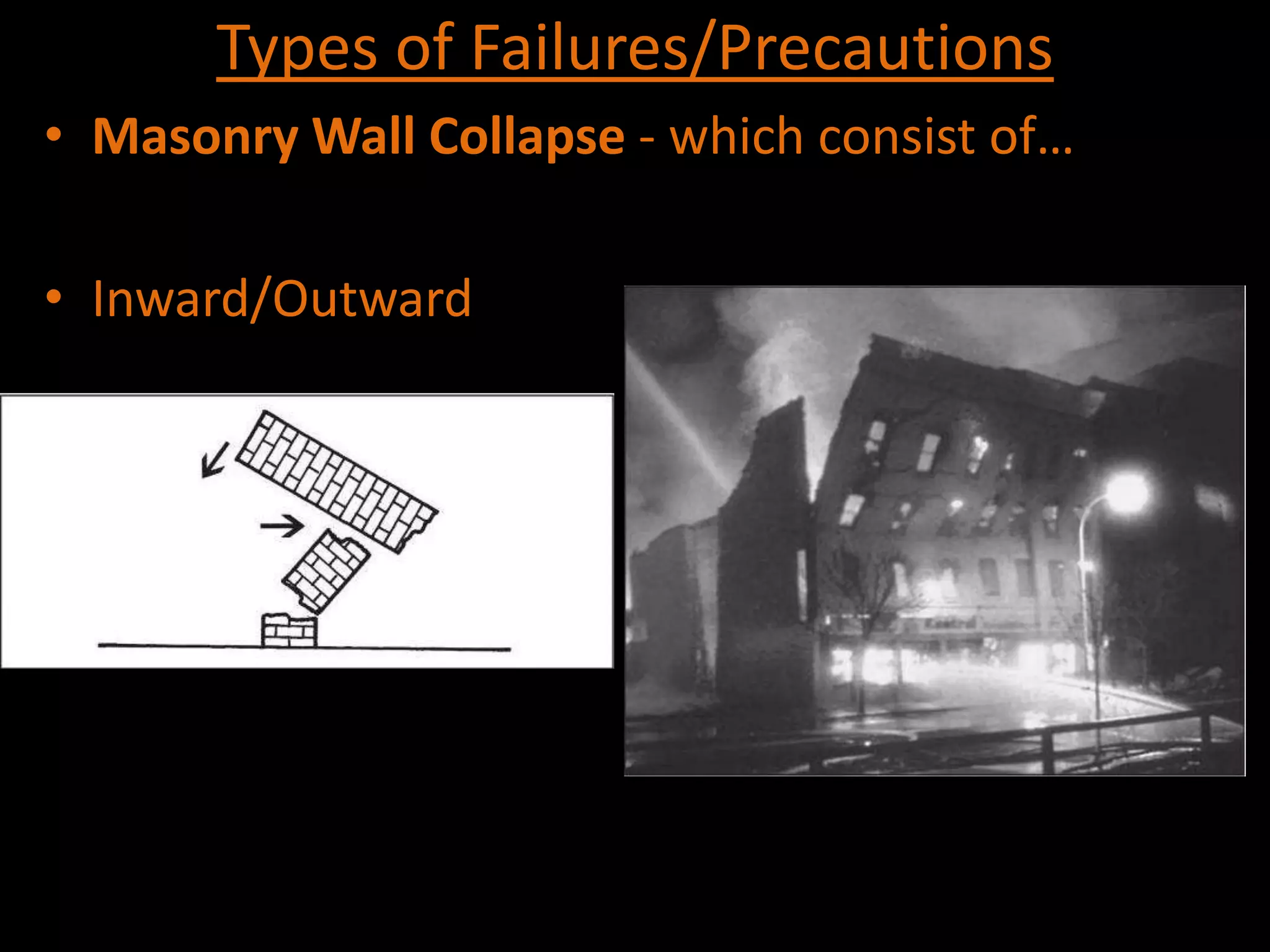 Types of Failures/Precautions
• Masonry Wall Collapse - which consist of…

• Inward/Outward
 