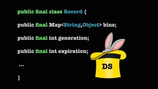 public ﬁnal class Record { 
 
public ﬁnal Map<String,Object> bins; 
 
public ﬁnal int generation; 
	  
public ﬁnal int exp...