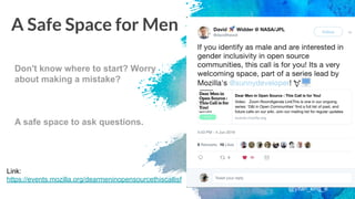 Don't know where to start? Worry
about making a mistake?
A safe space to ask questions.
Link:
https://events.mozilla.org/dearmeninopensourcethiscallisf
A Safe Space for Men
@yifan_xing_e
��
 