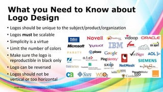 What you Need to Know about
Logo Design
• Logos should be unique to the subject/product/organization
• Logos must be scalable
• Simplicity is a virtue
• Limit the number of colors
• Make sure the logo is
reproductible in black only
• Logo can be reversed
• Logos should not be
vertical or too horizontal
Image source: https://self-issued.info/?cat=20

too

 