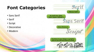 Font Categories
• Sans Serif
• Serif
• Script
• Decorative
• Modern

Image source: http://www.idtech.com/blog/looking-at-typography/

 