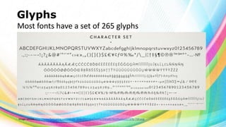 Glyphs
Most fonts have a set of 265 glyphs

Image source: http://www.fontspring.com/poster_imgs/73/14ed/2ed4a2990a857022fba66a3273/fp-720.png

 