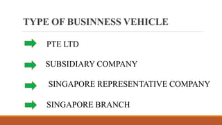 TYPE OF BUSINNESS VEHICLE
SUBSIDIARY COMPANY
PTE LTD
SINGAPORE REPRESENTATIVE COMPANY
SINGAPORE BRANCH
 