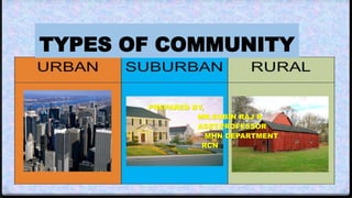 TYPES OF COMMUNITY
PREPARED BY,
MR.SUBIN RAJ R
ASST.PROFESSOR
MHN DEPARTMENT
RCN
 