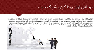 ‫اول‬ ‫ی‬‫مرحله‬
:
‫خوب‬ ‫شریک‬ ‫کردن‬ ‫پیدا‬
‫است‬ ‫مناسب‬ ‫شریک‬ ‫کردن‬ ‫پیدا‬ ‫شرکت‬ ‫ثبت‬ ‫برای‬ ‫قدم‬ ‫اولین‬
.
‫با‬ ‫شرکت‬ ‫ثبت‬ ‫برای‬ ‫شرکا‬ ‫تعداد‬ ‫حداقل‬ ‫زیرا‬
‫مسئولیت‬
‫محدود‬
۲
‫عام‬ ‫و‬ ‫خاص‬ ‫سهامی‬ ‫شرکت‬ ‫و‬ ‫نفر‬
۳
‫است‬ ‫نفر‬
.
‫به‬ ‫توجه‬ ‫با‬ ‫سهامداران‬ ‫رأی‬ ‫حق‬ ‫و‬ ‫مسئولیت‬ ‫که‬ ‫آنجایی‬ ‫از‬
‫هدف‬ ‫و‬ ‫دارید‬ ‫کامل‬ ‫اعتماد‬ ‫او‬ ‫به‬ ‫که‬ ‫کنید‬ ‫انتخاب‬ ‫را‬ ‫فردی‬ ‫است‬ ‫بهتر‬ ‫پس‬ ‫شود‬‫می‬ ‫تعیین‬ ‫شان‬‫اولیه‬ ‫ی‬‫سرمایه‬
‫از‬ ‫تان‬
‫باشد‬ ‫یکسان‬ ‫کار‬‫و‬‫کسب‬ ‫اندازی‬‫راه‬
.
 