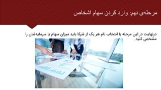 ‫نهم‬ ‫ی‬‫مرحله‬
:
‫اشخاص‬ ‫سهام‬ ‫کردن‬ ‫وارد‬
‫را‬ ‫شان‬‫سرمایه‬ ‫یا‬ ‫سهام‬ ‫میزان‬ ‫باید‬ ‫شرکا‬ ‫از‬ ‫یک‬ ‫هر‬ ‫نام‬ ‫انتخاب‬ ‫با‬ ‫مرحله‬ ‫این‬ ‫در‬ ‫درنهایت‬
‫کنید‬ ‫مشخص‬
.
 