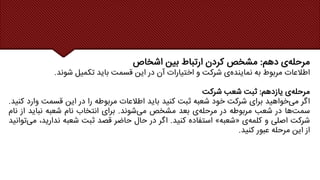 ‫ی‬‫مرحله‬
‫دهم‬
:
‫مشخص‬
‫کردن‬
‫ارتباط‬
‫بین‬
‫اشخاص‬
‫اطالعات‬
‫مربوط‬
‫به‬
‫ی‬‫نماینده‬
‫شرکت‬
‫و‬
‫اختیارات‬
‫آن‬
‫در‬
‫این‬
‫قسمت‬
‫باید‬
‫تکمیل‬
‫شوند‬
.
‫ی‬‫مرحله‬
‫یازدهم‬
:
‫ثبت‬
‫شعب‬
‫شرکت‬
‫اگر‬
‫خواهید‬‫می‬
‫برای‬
‫شرکت‬
‫خود‬
‫شعبه‬
‫ثبت‬
‫کنید‬
‫باید‬
‫اطالعات‬
‫مربوطه‬
‫را‬
‫در‬
‫این‬
‫قسمت‬
‫وا‬
‫رد‬
‫کنید‬
.
‫ها‬‫سمت‬
‫در‬
‫شعب‬
‫مربوطه‬
‫در‬
‫ی‬‫مرحله‬
‫بعد‬
‫مشخص‬
‫شوند‬‫می‬
.
‫برای‬
‫انتخاب‬
‫نام‬
‫شعبه‬
‫نباید‬
‫از‬
‫نام‬
‫شرکت‬
‫اصلی‬
‫و‬
‫ی‬‫کلمه‬
«
‫شعبه‬
»
‫استفاده‬
‫کنید‬
.
‫اگر‬
‫در‬
‫حال‬
‫حاضر‬
‫قصد‬
‫ثبت‬
‫شعبه‬
‫نداری‬
،‫د‬
‫توانید‬‫می‬
‫از‬
‫این‬
‫مرحله‬
‫عبور‬
‫کنید‬
.
 