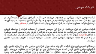 ‫سهامی‬ ‫شرکت‬
‫شرکت‬
،‫سهامی‬
‫شرکت‬
‫بازرگانی‬
‫نیز‬
‫محسوب‬
‫می‬
‫شود‬
‫حتی‬
‫اگر‬
‫در‬
‫آن‬
‫امور‬
‫بازرگانی‬
‫صورت‬
‫نگ‬
‫یرد‬
.
‫در‬
‫این‬
‫نوع‬
‫شرکت‬
‫ها‬
‫سرمایه‬
‫میان‬
‫شرکا‬
‫تقسیم‬
‫می‬
‫شود‬
‫و‬
‫هر‬
‫یک‬
‫از‬
‫شرکا‬
‫نیز‬
‫به‬
‫نسبت‬
‫سرمایه‬
‫آ‬
،‫ورده‬
‫در‬
‫مقابل‬
‫شرکت‬
‫مسئولیت‬
‫دارند‬
.
‫در‬
‫شرکت‬
‫سهامی‬
‫نباید‬
‫تعداد‬
‫شرکا‬
‫کمتر‬
‫از‬
‫سه‬
‫نفر‬
‫باش‬
‫د‬
.
‫شرکت‬
‫سهامی‬
‫دو‬
‫نوع‬
‫می‬
‫باشد‬
.
‫در‬
‫نوع‬
‫اول‬
‫موسس‬
‫قسمتی‬
‫از‬
‫سرمایه‬
‫شرکت‬
‫را‬
‫بواسطه‬
‫فرو‬
‫ش‬
‫سهام‬
‫به‬
‫مردم‬
‫تامین‬
‫می‬
‫نمایند‬
.
‫به‬
‫عبارت‬
‫دیگر‬
‫سرمایه‬
‫شرکت‬
‫از‬
‫طریق‬
‫پذیره‬
‫نویسی‬
‫کس‬
‫ب‬
‫می‬
‫شود‬
‫و‬
‫حداقل‬
۵۱
‫درصد‬
‫سهام‬
‫آنان‬
‫از‬
‫طریق‬
‫بورس‬
‫به‬
‫عموم‬
‫مردم‬
‫واگذار‬
‫شده‬
‫باشد‬
.
‫این‬
‫در‬
‫حالی‬
‫است‬
‫ک‬
‫ه‬
‫در‬
‫نوع‬
‫دوم‬
‫که‬
‫همان‬
‫شرکتهای‬
‫سهامی‬
‫خاص‬
،‫هستند‬
‫سرمایه‬
‫شرکت‬
‫از‬
‫طریق‬
‫موسسین‬
‫تامین‬
‫می‬
‫گردد‬
.
‫در‬
‫هنگام‬
‫تاسیس‬
‫این‬
‫نوع‬
،‫شرکت‬
‫ذکر‬
‫واژه‬
«
‫عام‬
»
‫برای‬
‫شرکتهای‬
‫سهامی‬
‫عام‬
‫و‬
‫ذکر‬
‫واژه‬
‫خاص‬
‫برای‬
‫شرکتهای‬
‫سهامی‬
‫خاص‬
‫الزامی‬
‫است‬
.
‫سرمایه‬
‫تشکیل‬
‫این‬
‫دو‬
‫نوع‬
‫شرکت‬
‫نیز‬
‫متفاوت‬
‫می‬
‫با‬
‫شد‬
.
‫برای‬
‫تشکیل‬
‫شرکت‬
‫سهامی‬
‫خاص‬
‫وجود‬
‫حداقل‬
۱۰۰
‫هزار‬
‫ناموت‬
‫و‬
‫برای‬
‫شرکتهای‬
‫سهامی‬
،‫عام‬
‫وجود‬
 