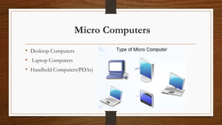 Micro Computers
• Desktop Computers
• Laptop Computers
• Handheld Computers(PDAs)
 