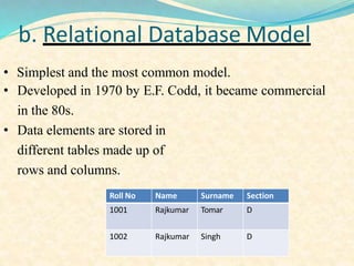 b. Relational Database Model
• Simplest and the most common model.
• Developed in 1970 by E.F. Codd, it became commercial
in the 80s.
• Data elements are stored in
different tables made up of
rows and columns.
Roll No Name Surname Section
1001 Rajkumar Tomar D
1002 Rajkumar Singh D
 