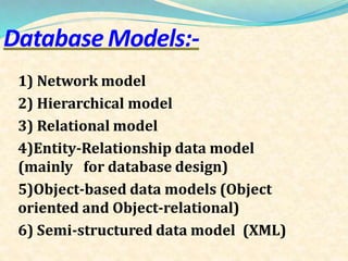 DatabaseModels:-
1) Network model
2) Hierarchical model
3) Relational model
4)Entity-Relationship data model
(mainly for database design)
5)Object-based data models (Object
oriented and Object-relational)
6) Semi-structured data model (XML)
 